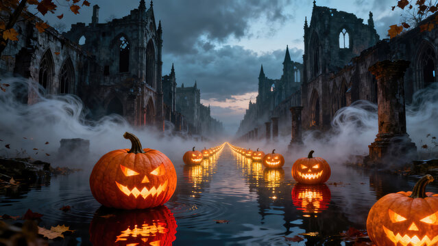 Haunting Fantasy View of Glowing Jack O Lanterns Floating Through a Flooded Ruined City Under a Dark Stormy Halloween Sky, halloween holiday festive image design