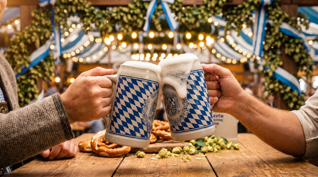 Oktoberfest beer stein with blue white pattern and toasting hands  