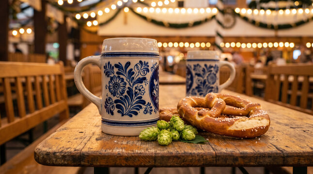 Oktoberfest beer stein with blue white pattern on wooden table  