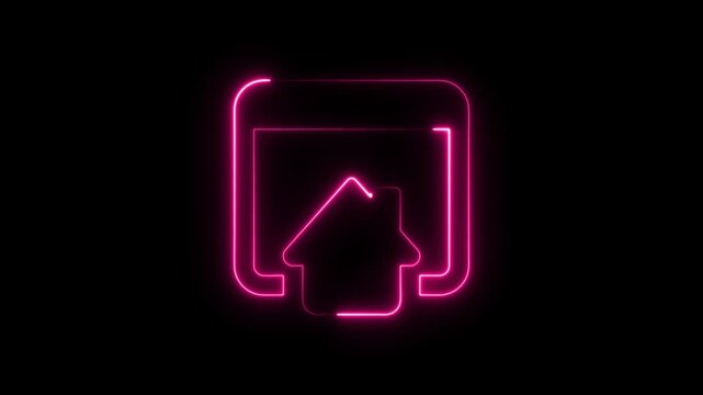 Glowing pink neon sign of a house icon inside a square window frame on a black background
