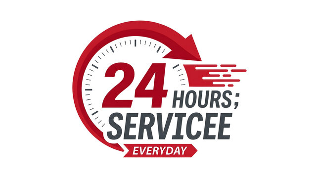 Vector logo symbol on a white background featuring a large red number inside a clock face with a bold red curved arrow and speed lines, accompanied by dark gray text reading HOURS and SERVICEE