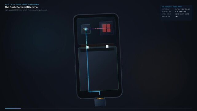 Educational animation of smartphone charging dynamics, detailing power management IC, dynamic power path splitting, internal heat generation, lithium-ion degradation kinetics, and battery longevity