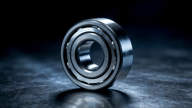 Precision engineered metal ball bearing on a dark background, an essential component for industrial machinery.