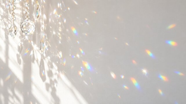 Rainbow light refraction on white wall, crystal prism sun flare background, elegant shadow overlay for product presentation