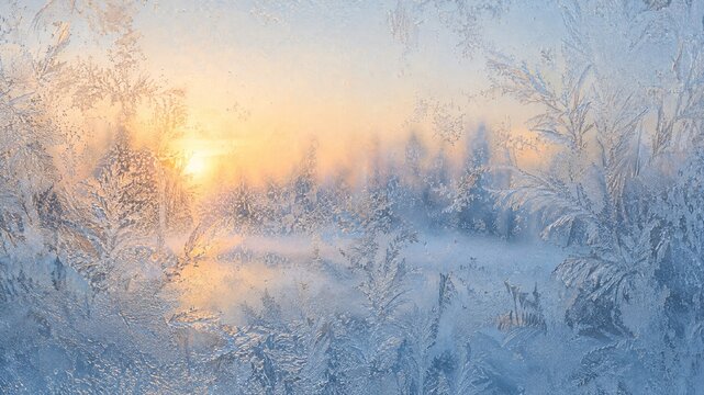 Frosty window pane with beautiful ice crystals, winter sunrise landscape seen through frozen glass, cold winter morning background