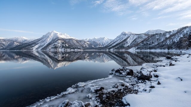 Snow Covered Mountains Reflected in a Calm Winter Lake