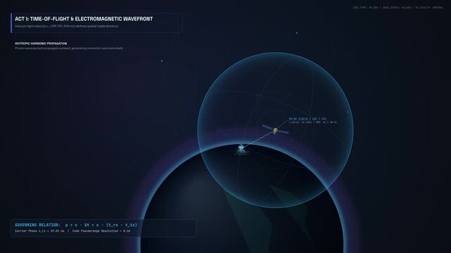Educational animation of satellite geometric trilateration, illustrating global 3D differential RTK lock, spherical equation of uncertainty, and receiver clock bias synchronization in GNSS technology