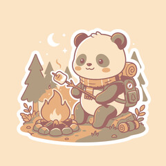 Cute Panda Roasting Marshmallow by Campfire © moh