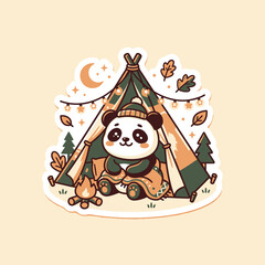 Cute Panda Camping Inside Tent with Campfire and Moon © moh