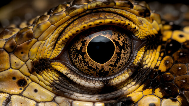 Extreme Macro Close-Up of a Crocodiles Eye Revealing Intricate Scales and Piercing Gaze.