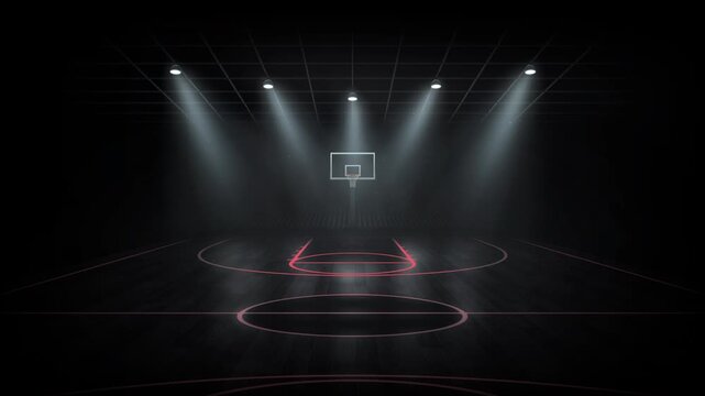 Empty basketball court under swaying spotlights with floating dust and haze, seamless loop background.