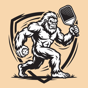 A Dynamic Vector Illustration of Bigfoot (Sasquatch) in a Powerful Pickleball Pose Holding a Paddle within a Shield Border, Unique Art for Cryptid Fans and Pickleball Players.     