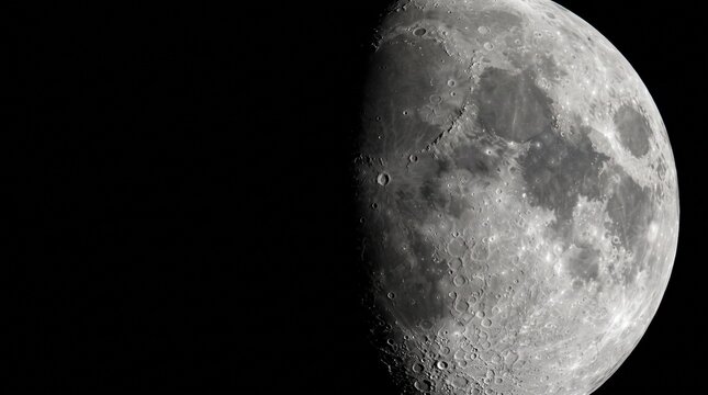 Telescopic close-up of the waxing Moon showing craters, dark maria and the terminator line against a black sky, detailed monochrome astrophotography of the lunar surface