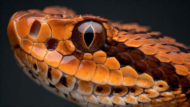 Close-up of a vipers head showcasing intricate scales and striking eye.