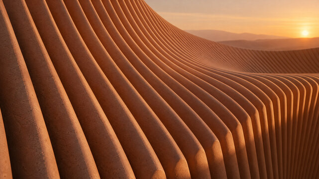 Futuristic modern architectural parametric structure, wave pattern terracotta fins, sunset desert design background