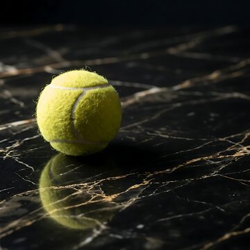 Tennis ball on a dark black marble surface