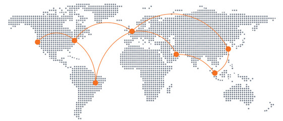 Grey dotted world map with orange curved flight routes. Round halftone continents, orange nodes linked by arcs across oceans, global travel, airline connections and international trade network. Vector © Vector Design