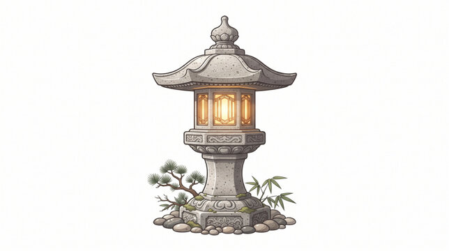 Traditional Japanese stone lantern toro with glowing light and bamboo isolated on white background