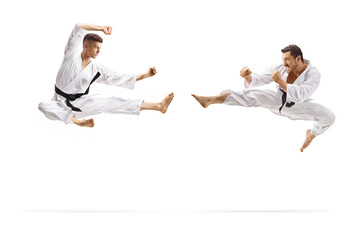 Men fighting in karate sport and jumping in air with a kick © Ljupco Smokovski
