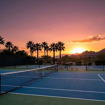 Tennis court at sunset with palm trees and mountains