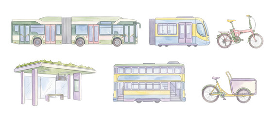 Fototapeta premium Public transport set watercolor bus tram cargo bike and green bus stop illustration for urban mobility design, eco friendly city transit commuting icons isolated set black background asset graphic.