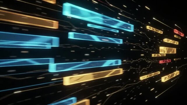 Abstract digital background with glowing, translucent blue, orange, red, and yellow light bars and streaks moving horizontally across a black space.