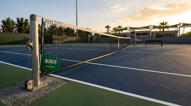 Tennis court with saudi arabia flag at sunset
