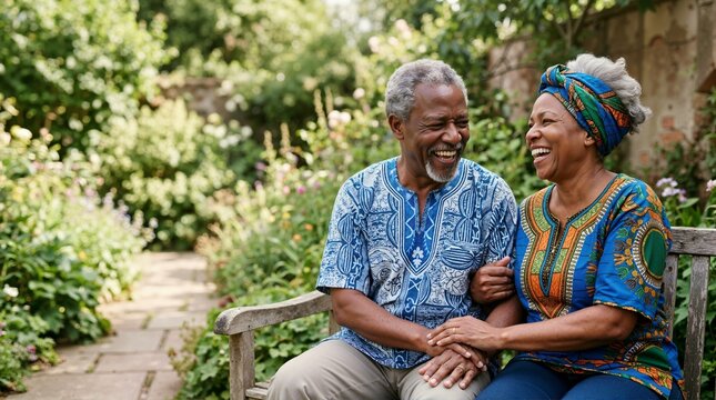 Elderly African couple laughing together on wooden garden bench. Senior man and woman in colorful traditional attire holding hands outdoors
