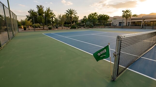 Tennis court with saudi arabian flag at sunset