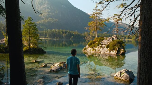 Young man standing at an idyllic lake in the Alps and enjoying the amazing view of the gorgeous landscape