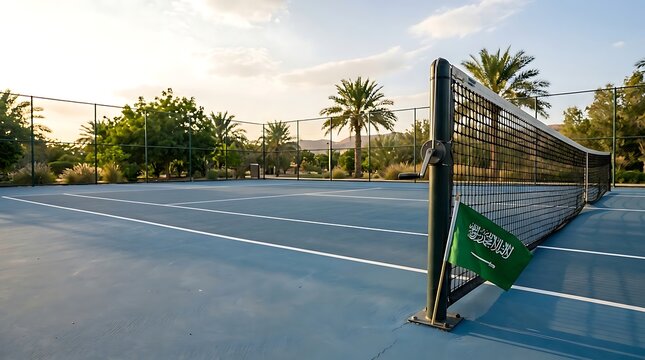 Tennis court with saudi arabian flag at sunset