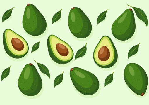 Seamless avocado pattern with leaves on green background