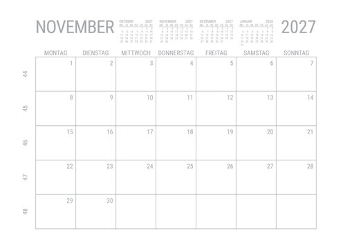 November Kalender 2027 Kalenderblatt zum Ausdrucken Monat Monatskalender Kalendarium mit Kalenderwoche Planer DIN A4 Deutsch	