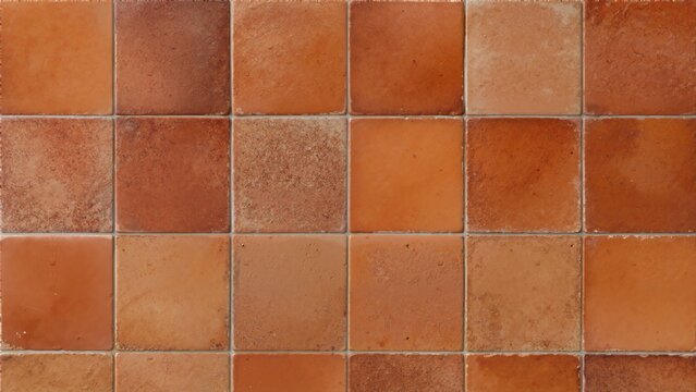 Terracotta square ceramic tile surface texture. Flat lay background of rustic earthy orange and brown floor tiles
