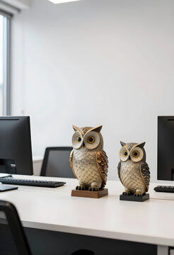 Wisdom and corporate intelligence, two owl figurines on a modern office desk with computer monitors strategic thinking and business insight