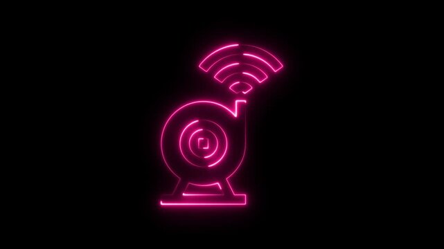 Pink neon glowing security camera icon with wifi signal symbol on black background