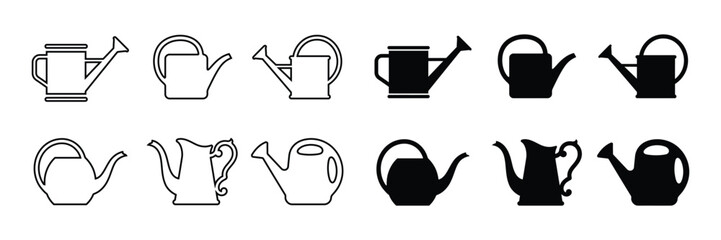 Watering Can Outline and Silhouette Vector Set   Garden Watering Pot Icons Collection © Toufik