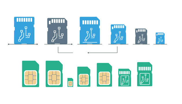 Technical diagram displays the sizes and evolution of standard SD cards, micro SD cards, and SIM cards in flat design.