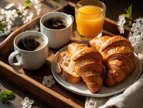 Fresh breakfast on wooden tray with hot coffee in white mugs, croissants, bread slices, orange juice. Morning meal with tasty pastry, caffeine drink in sunny kitchen. Healthy start to day with fruit
