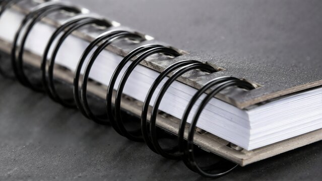 Black wire spiral binding on notebook spine in close-up view. Coil ring bound notepad on dark slate surface