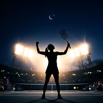 Silhouette of a triumphant female tennis player at night