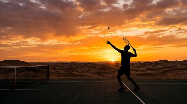 Tennis player serving on a court in the desert sunset