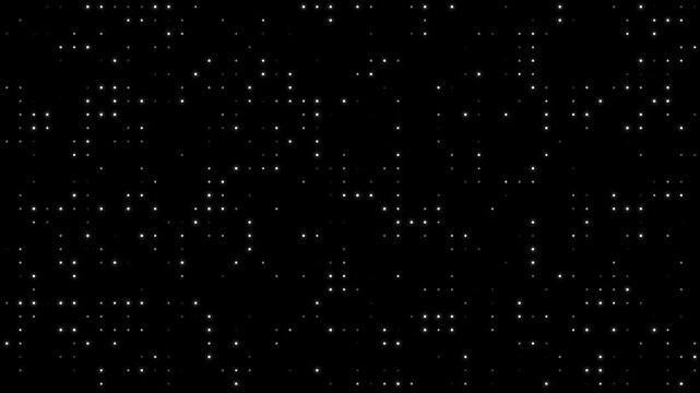 Bright halftone dots texture animated on black background. Flickering sphere Random Dots in distorted pattern. Dynamic white circles creating a grid looping texture. Many small balls are blinking.