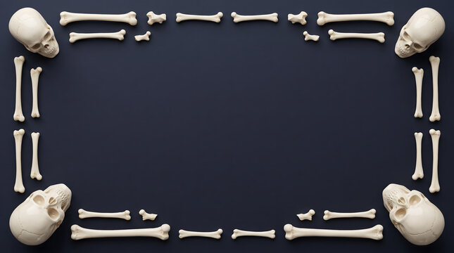 kulls at four corners with long bones forming a rectangular border frame on dark navy blue background, Halloween flat lay with copy space