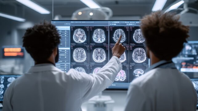 Medical researchers and doctors analyzing brain MRI scans and neurological diagnostic data on a computer monitor in a modern hospital laboratory   (의료진의 뇌 MRI 분석)
