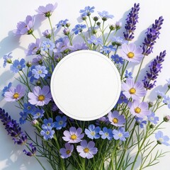 Fototapeta premium Fresh lavender, blue flowers create floral frame. Round white blank paper label sits in center for text price tag. Beautiful spring blossom bouquet on white background for wedding card, spa branding,