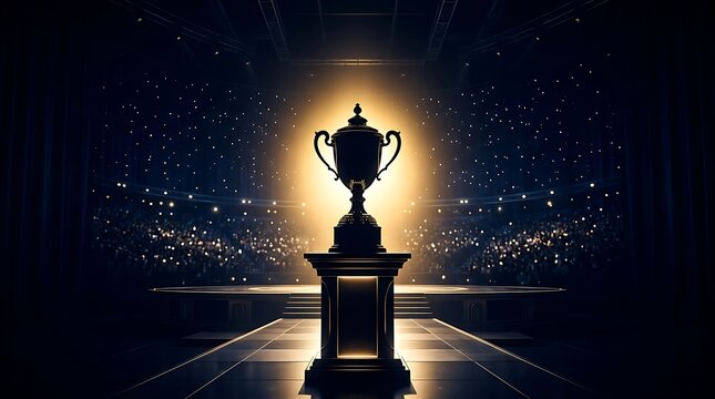 Golden trophy on a stage in a crowded stadium