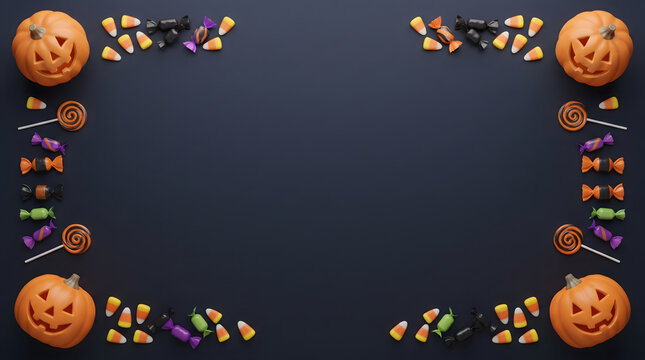 3D jack-o-lantern pumpkins in four corners with candy corn, wrapped candy and lollipops forming a border on dark navy background, Halloween with copy space