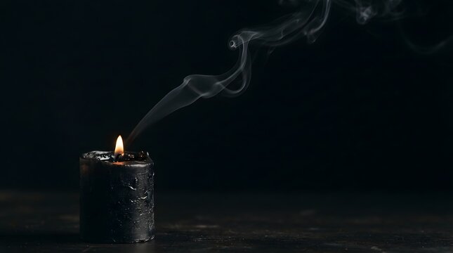 Black candle burning on dark surface with thin plume of white smoke rising on black background.