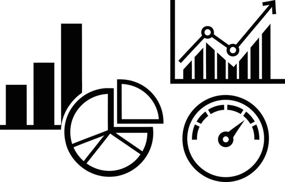 Collection of business performance icons including charts and a circular gauge meter